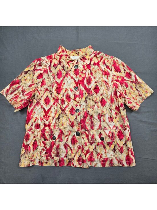 Chico's Tops - Chicos XL 3 Button-Up Jacket Top Pink Beige Abstract Ikat Linen Cotton Blend